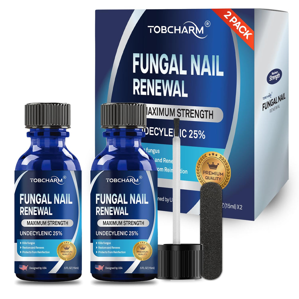 Tobcharm toenail fungus treatment bottle shows the 25 percent undecylenic acid formula for growth support.