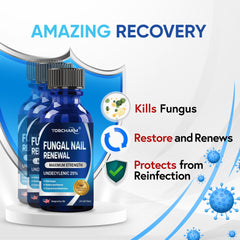 Tobcharm toenail fungus treatment label details 25 percent undecylenic acid and tea tree oil for antifungal care.