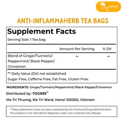 Close-up of TOG999 Anti-Inflammaheb tea bags with ginger and turmeric aroma.