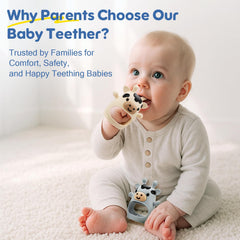 TOHIBEE teething mitten cow white; varied bite points support gentle teething exploration.