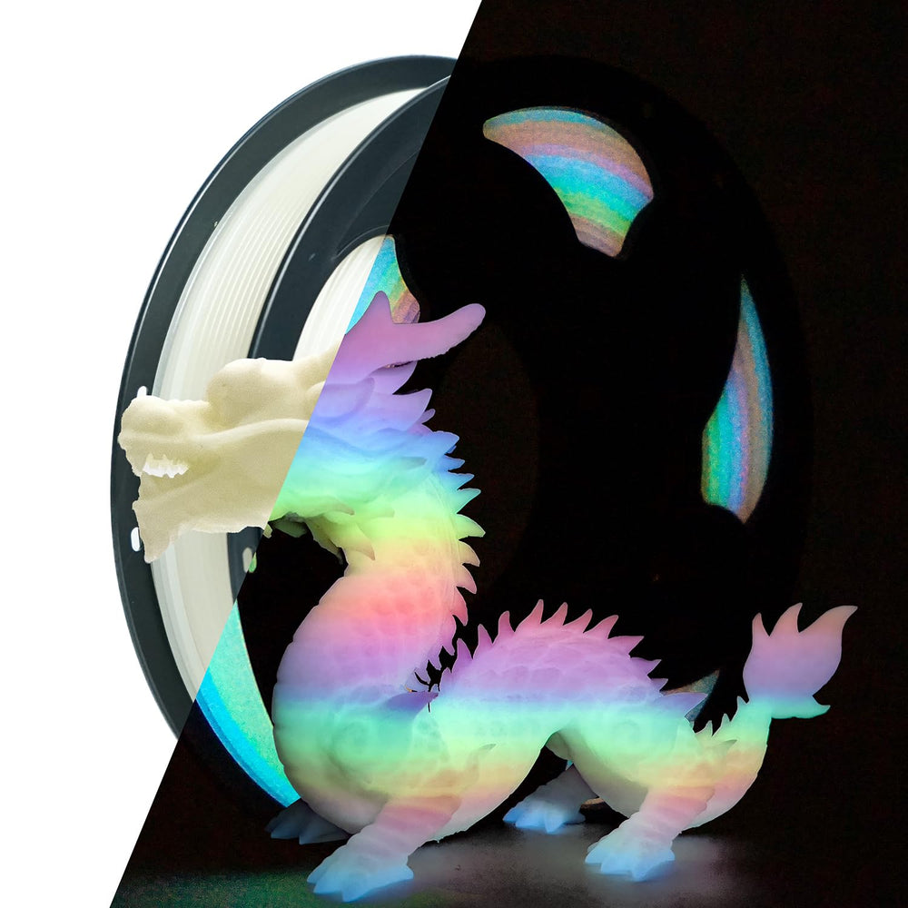 Toksen3D glow gradient rainbow filament glows in the dark for striking nighttime visuals.