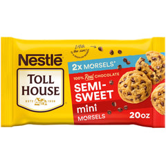 Toll House mini chocolate morsels bag front, ideal for quick cookie dough and baking.