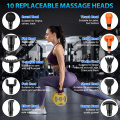TOLOCO Massage Gun with 10 heads targets different muscle groups effectively.