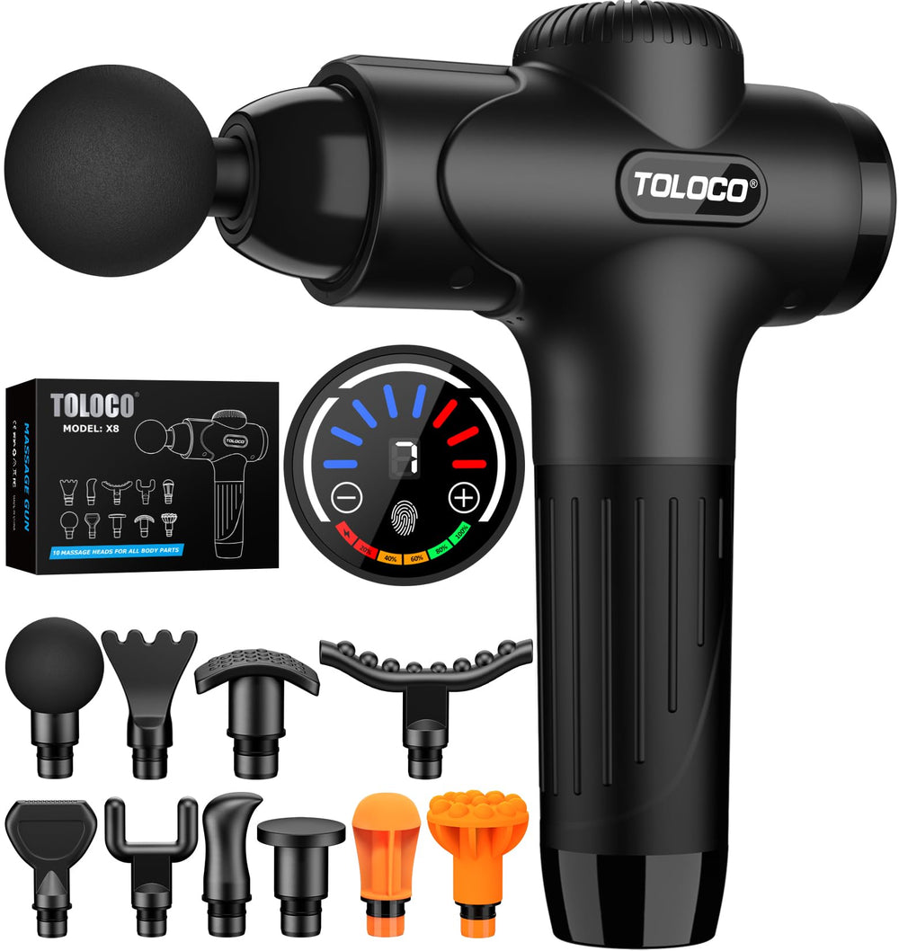 TOLOCO massage gun front view for deep tissue relief during workouts