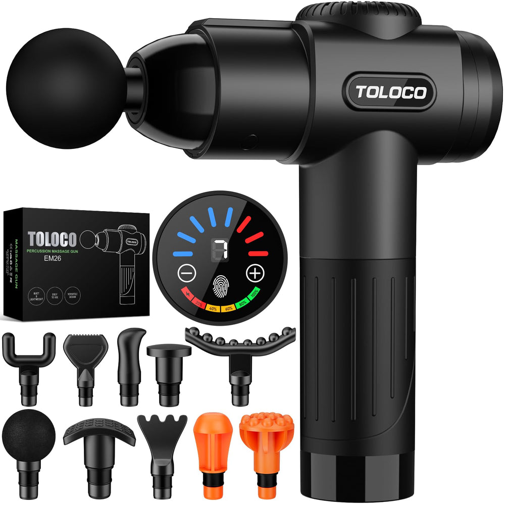 TOLOCO massage gun front view for easy handling and storage.