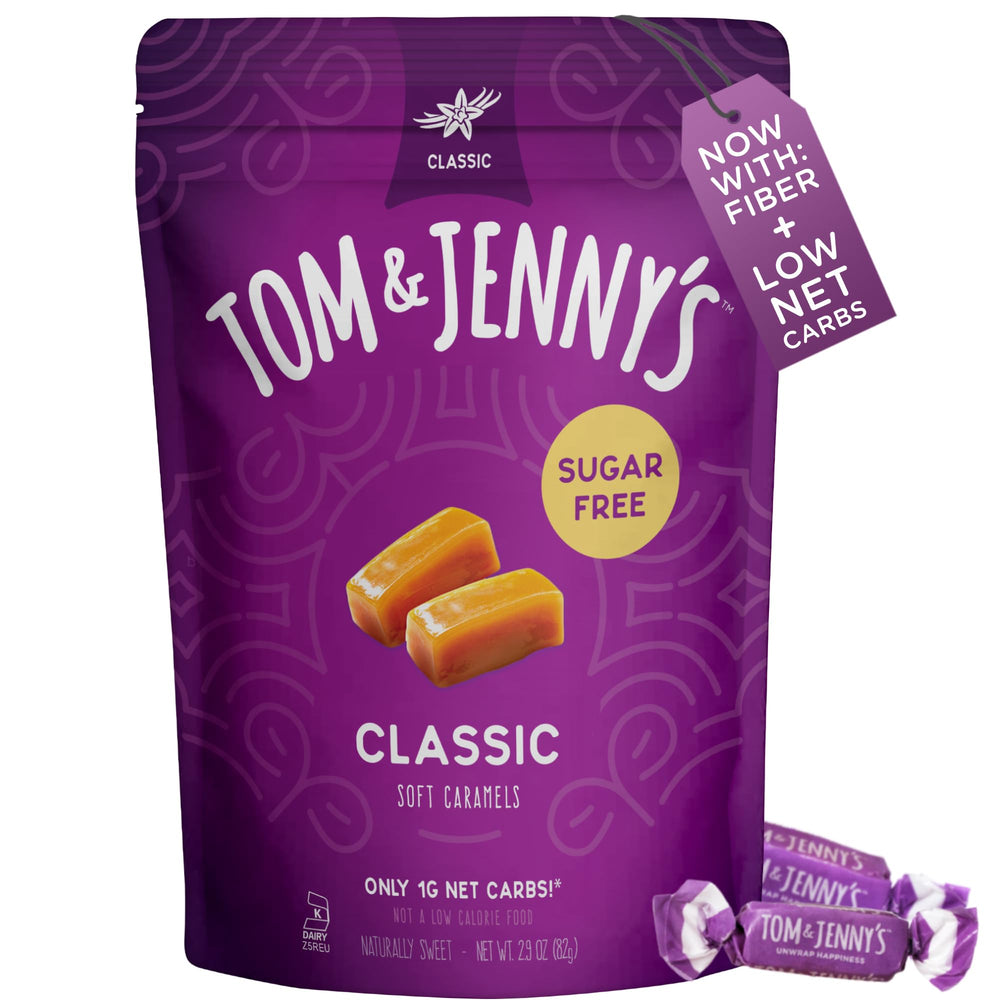 Tom and Jenny's sugar-free caramel sea salt wrapped for on-the-go indulgence