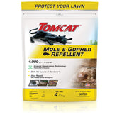 Tomcat Mole & Gopher Repellent Granules in a bucket for lawn use.