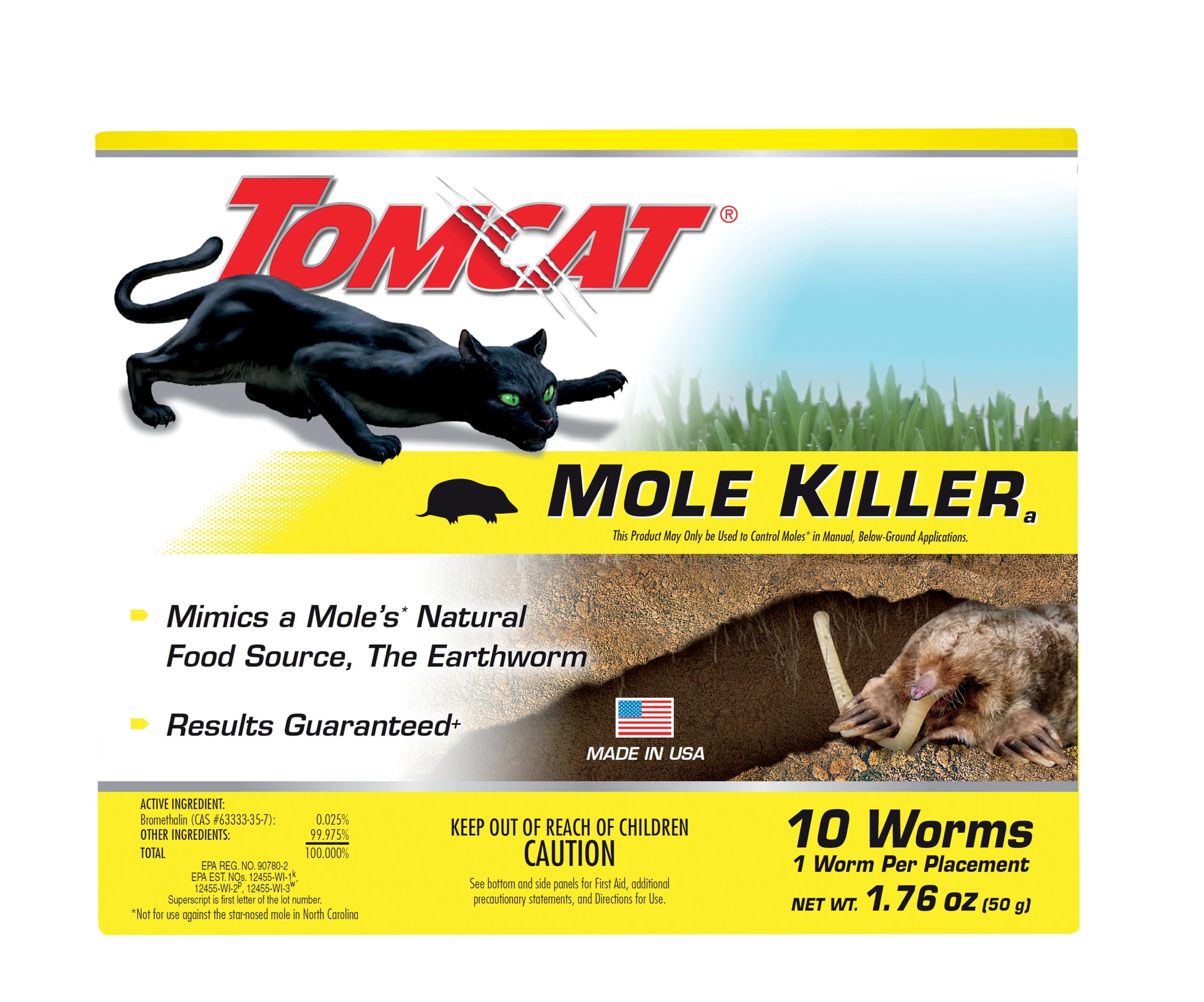 Tomcat Mole Killer ready-to-use worm-bait strips pack enabling quick mole baiting.