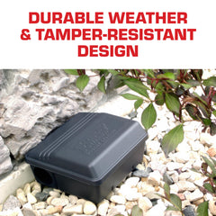 Tomcat Rodent Station outdoor-mounted image highlights durable, tamper-resistant setup.
