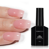TOMICCA jelly pink gel polish bottle close-up, showcasing glossy finish for lasting nails.