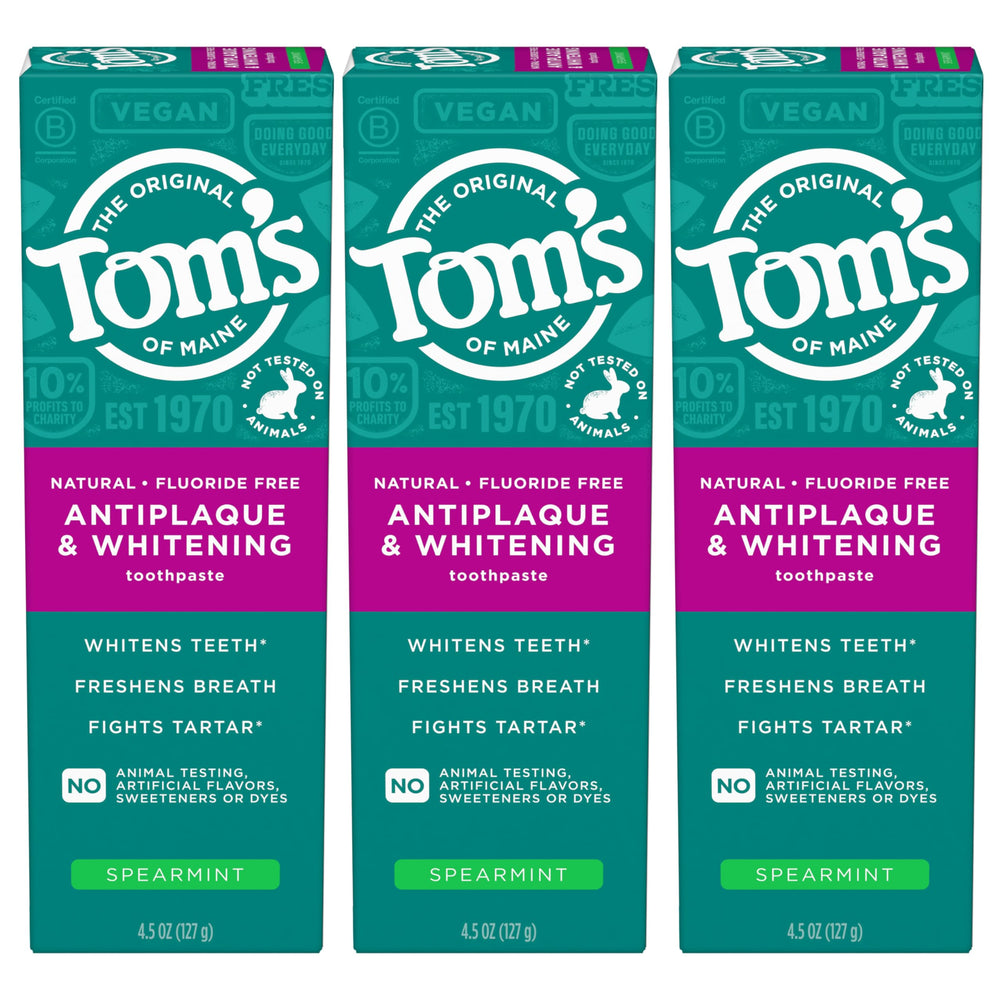 Tom’s of Maine antiplaque whitening toothpaste tube packaging highlighting fluoride-free formula and spearmint flavor