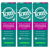 Tom’s of Maine antiplaque whitening toothpaste tube packaging highlighting fluoride-free formula and spearmint flavor