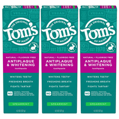 Tom’s of Maine antiplaque whitening toothpaste tube packaging highlighting fluoride-free formula and spearmint flavor