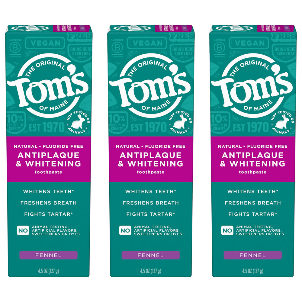 Tom's of Maine antiplaque toothpaste fennel tubes front view showing whitening potential