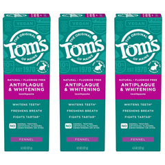 Tom's of Maine antiplaque toothpaste fennel tubes front view showing whitening potential