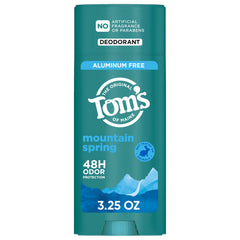 Tom's of Maine Mountain Spring deodorant stick front view showing aluminum-free protection.