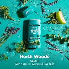 Green herbal blend notes of cypress, lavender, and cedar in North Woods deodorant.