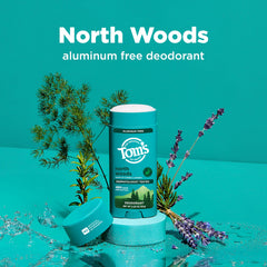 North Woods deodorant packaging highlighting recycled plastic materials.