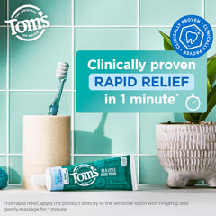 Three-pack display of Tom’s of Maine Rapid Relief toothpaste