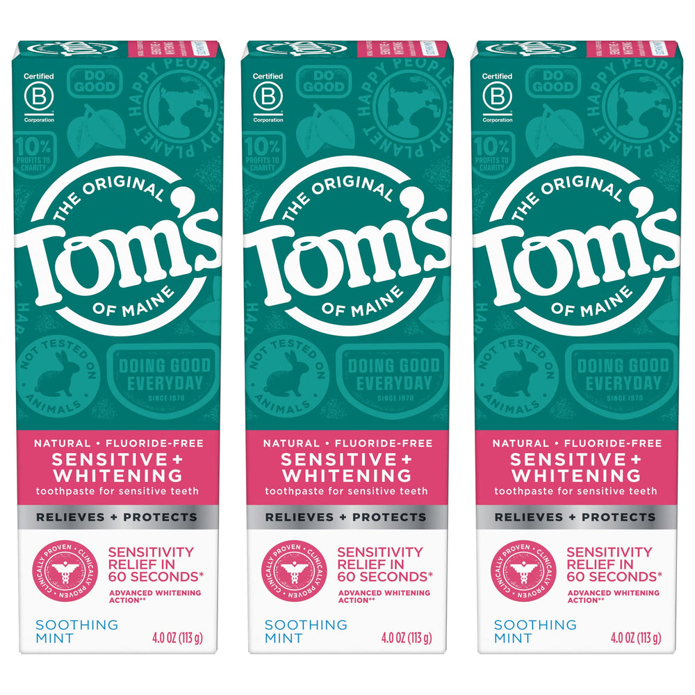 Tom's of Maine Sensitive + Whitening toothpaste soothing mint front view, gentle relief promise
