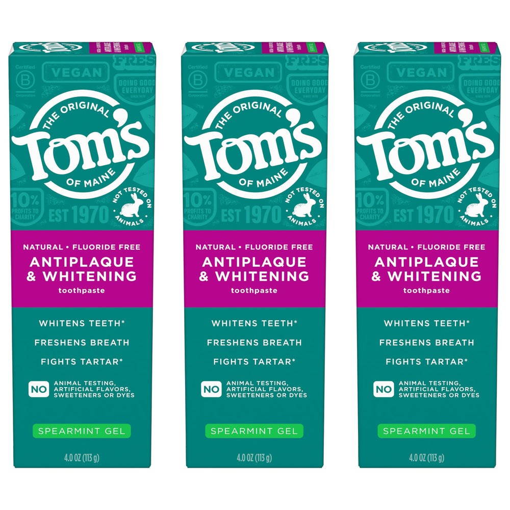 Tom's of Maine spearmint toothpaste gel tube close-up for fresh breath.