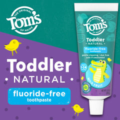 Tom's of Maine toddler toothpaste tube back view highlights fluoride-free formula