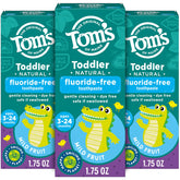 Tom's of Maine toddler toothpaste tube front view shows mild fruit flavor for gentle brushing