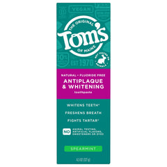 Tom's of Maine Spearmint toothpaste tube ready for daily brushing, fresh flavor.