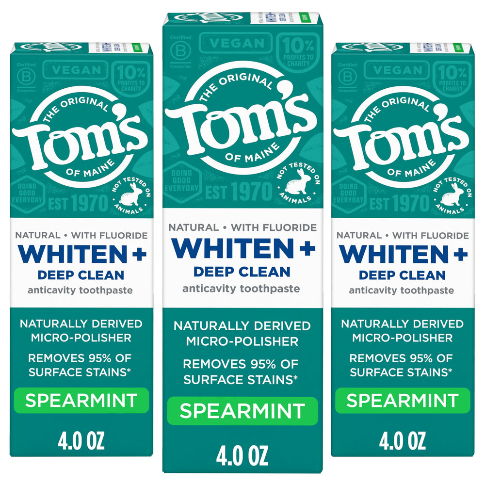 Tom's of Maine Whiten Plus Deep Clean toothpaste tube front with spearmint freshness.