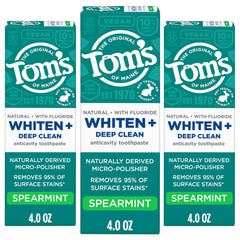 Tom's of Maine Whiten Plus Deep Clean toothpaste tube front with spearmint freshness.