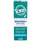 Tom's of Maine Whiten Plus Deep Clean toothpaste tube front, enamel-safe whitening.