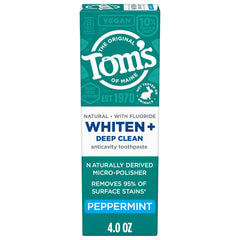 Tom's of Maine Whiten Plus Deep Clean toothpaste tube front, enamel-safe whitening.