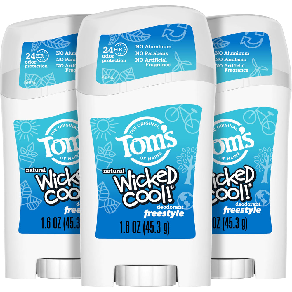 Tom's of Maine Wicked Cool Freestyle packaging on a tween-friendly shelf, natural deodorant.