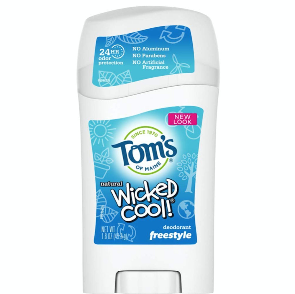 Tom's of Maine Wicked Cool Kids Deodorant bottle shows aluminum-free formula.