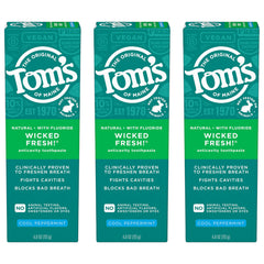 Tom's of Maine Wicked Fresh toothpaste three-pack tubes for fresh breath and convenience.