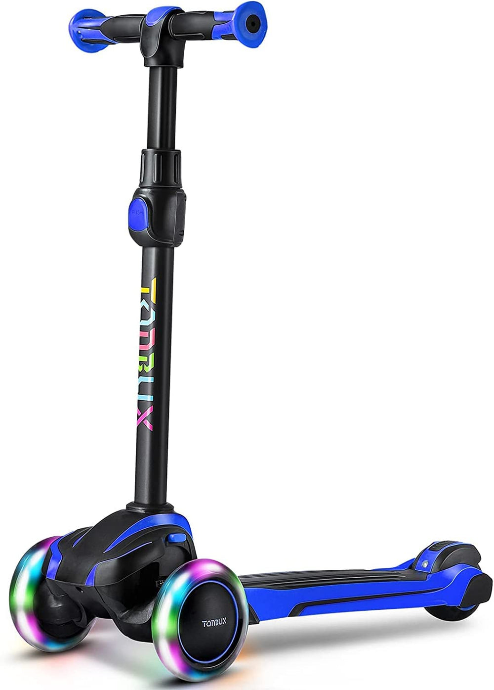 TONBUX Kids Scooter blue side view highlights adjustable height for growing riders.