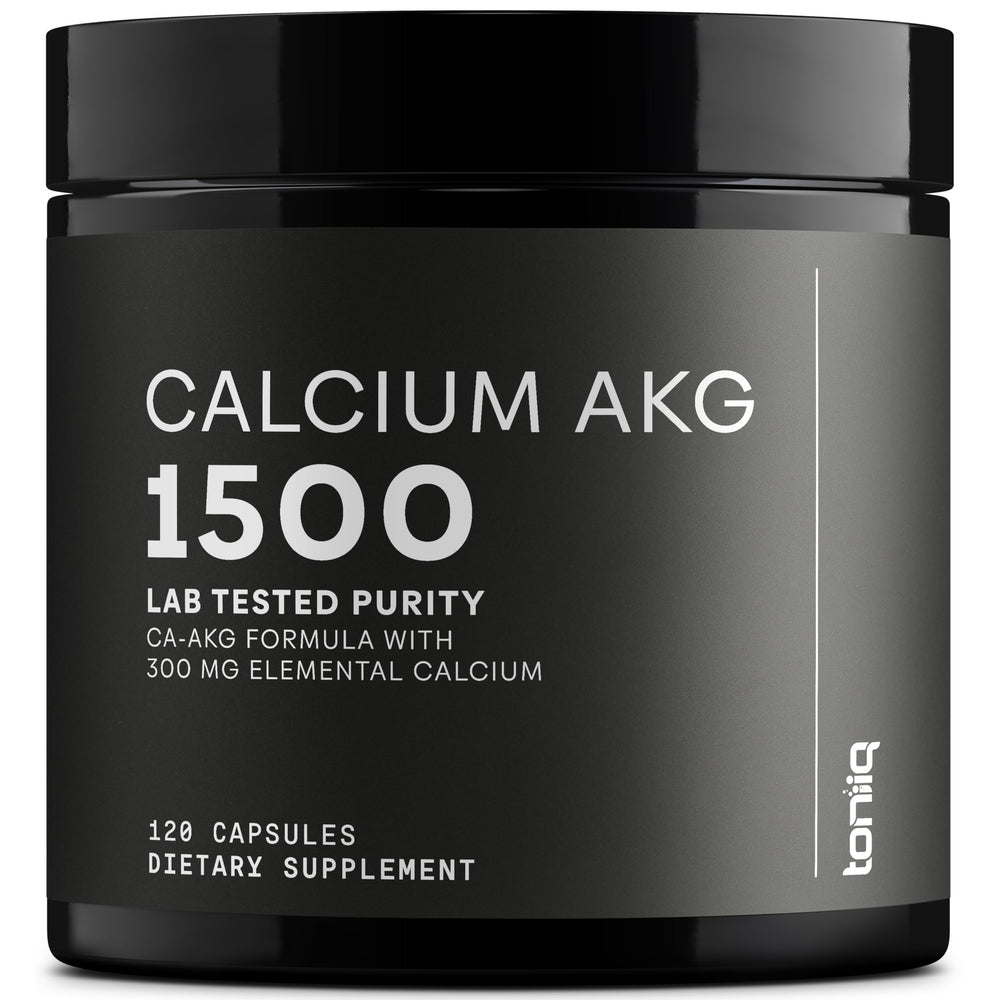 Toniiq Ca AKG 1500mg bottle with high-purity capsules for daily use.