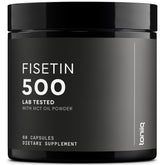 Toniiq Fisetin 500mg bottle label highlighting 98%+ purity for high-quality supplementation.