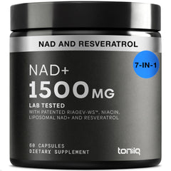 Toniiq Liposomal NAD+ and Resveratrol bottle showing 1500 mg serving size