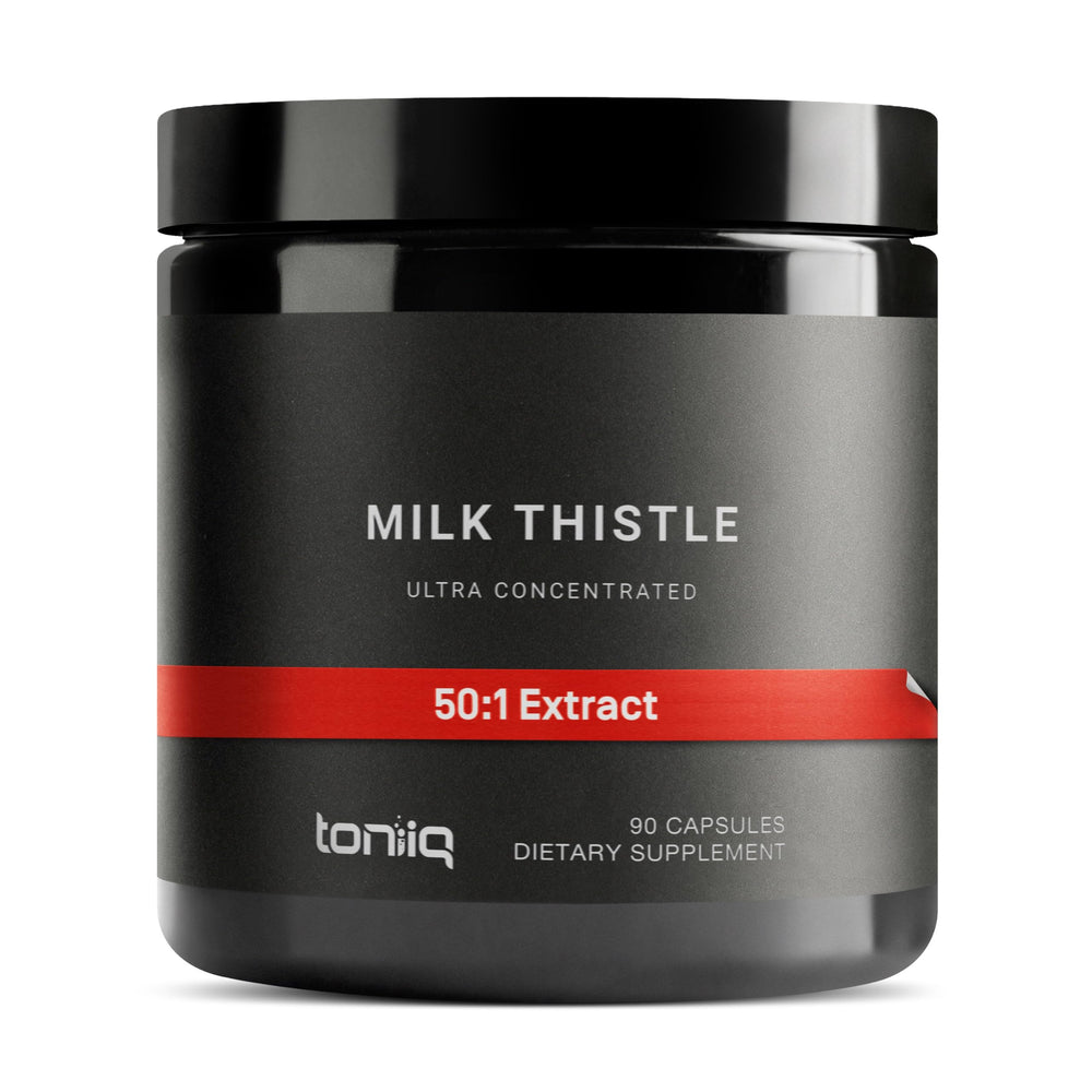 Toniiq Milk Thistle bottle front view with 90 capsules for daily wellness.