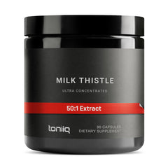 Toniiq Milk Thistle bottle front view with 90 capsules for daily wellness.