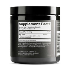 Toniiq Milk Thistle capsules close-up highlighting 500 mg per serving.