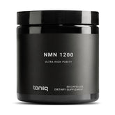 Toniiq NMN 1200mg bottle front view highlighting stabilized NMN for daily NAD+ support.