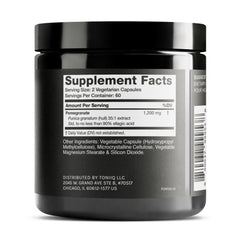 Toniiq Pomegranate Extract capsules close-up emphasizes easy daily dosing.