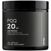 Toniiq PQQ 20 mg capsule on label highlighting purity and dosage.