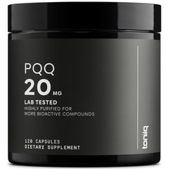 Toniiq PQQ 20 mg capsule on label highlighting purity and dosage.