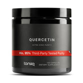 Toniiq Quercetin capsules bottle front, highlighting purity and daily supplement use.