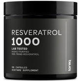 Toniiq Resveratrol 1000mg capsules closeup, emphasizing premium purity and clear labeling.