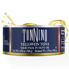 Close-up of a Tonnino can with olive oil, emphasizing quality.