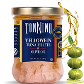 Tonnino Yellowfin Tuna in olive oil glass jar for ready-to-eat meals.